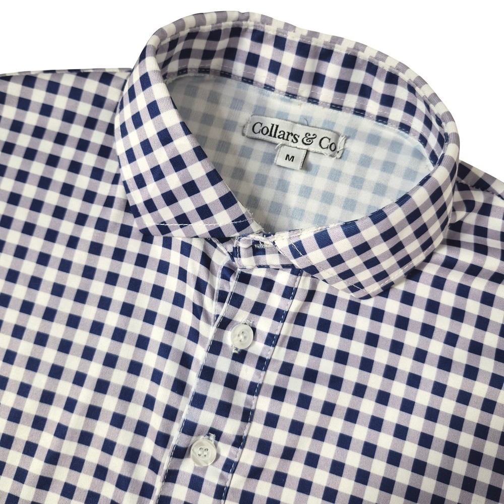 Collars & Co Polo Med Blue Gingham Check Dress Collar Performance Stretch Preppy